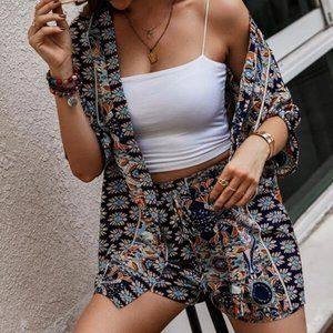 Boho Blue Paisley Open Front Kimono Top & Shorts Set